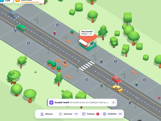 Kariyer Kampüsü: yol kenarında kurulan okul kantini ve binalar